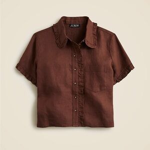 J.Crew Ruffle-trim button-up shirt in linen in roasted cocoa XL